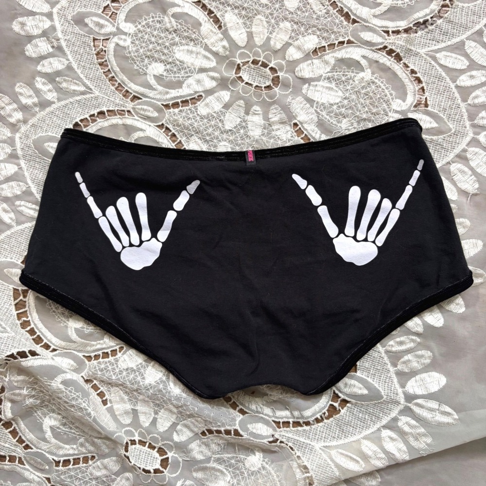 Victoria's Secret PINK Black Skeleton Hand Velvet Trim Hiphugger Panties Mens XS